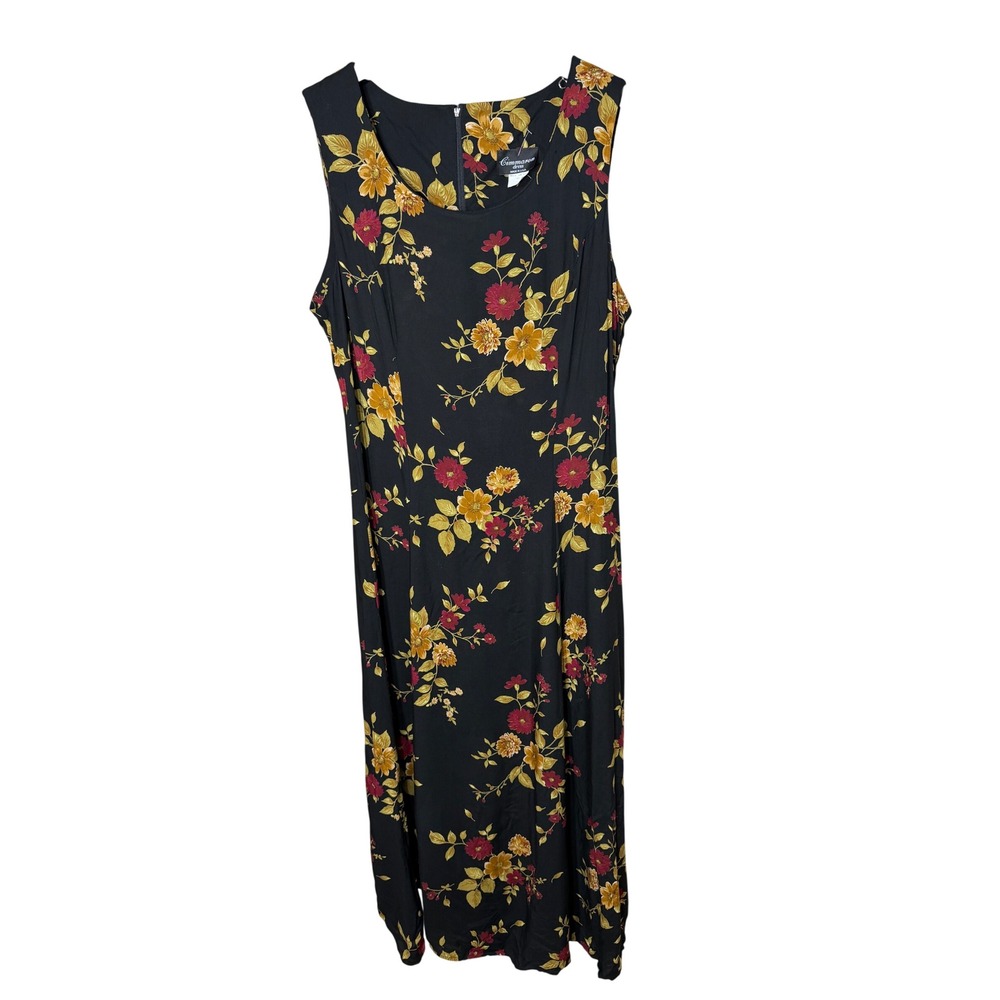 Cimmaron Vintage‎ 90s Floral Maxi Dress Black Gold Rayon Sleeveless Size L USA